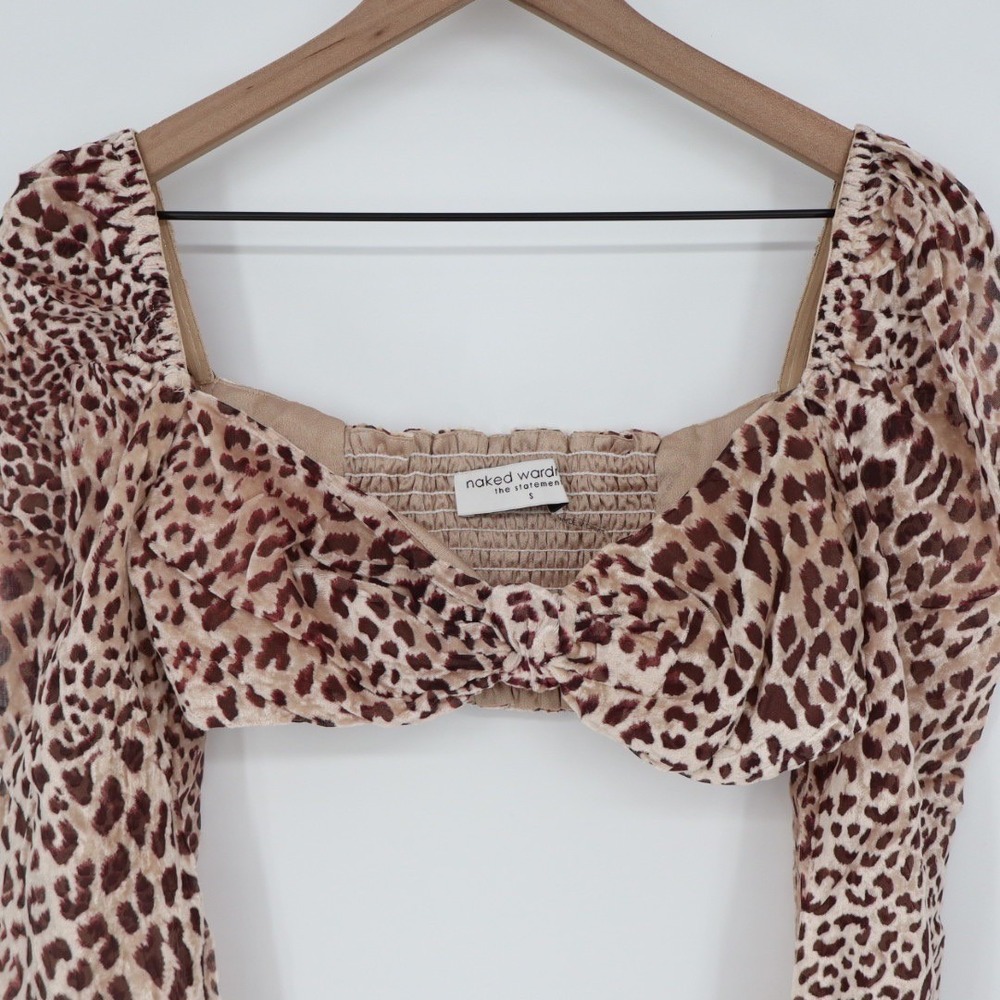 Naked Wardrobe Leopard Velvet Twist Front Crop Top Long Mesh Sleeve M - Picture 3 of 5